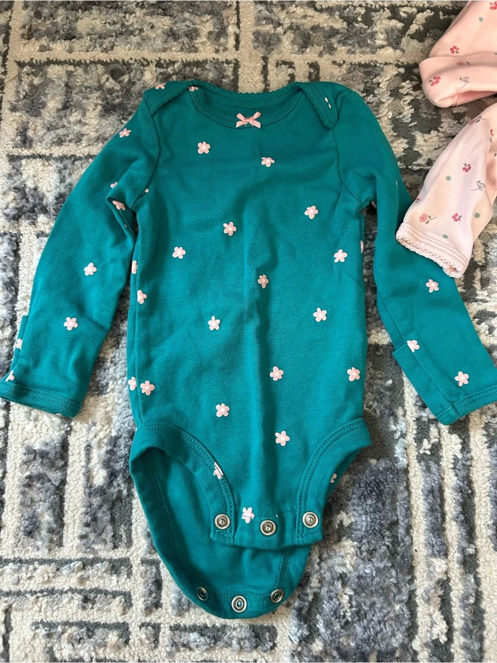 Teal Floral Long-Sleeve Baby Bodysuit & Pink Floral One-Piece Set With Hat